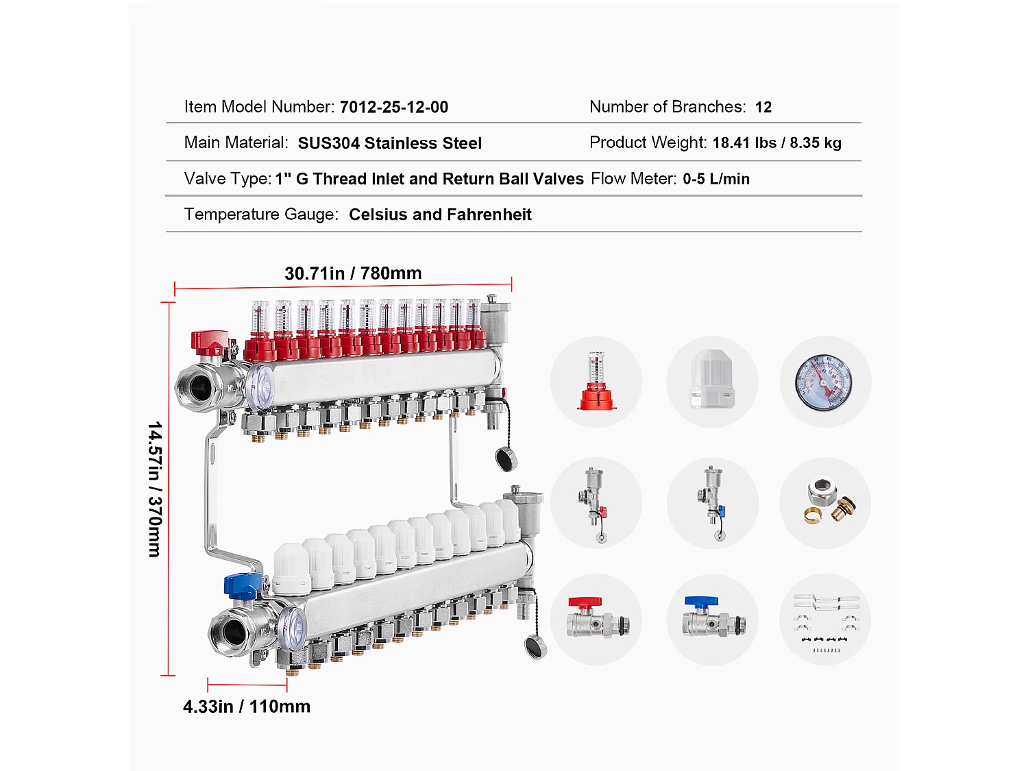 Strahlungsheizungskollektor SucceBuy mit 12 Abgängen Set für Fußbodenheizungskollektor mit PEX-Rohren 2.54/5.08cm