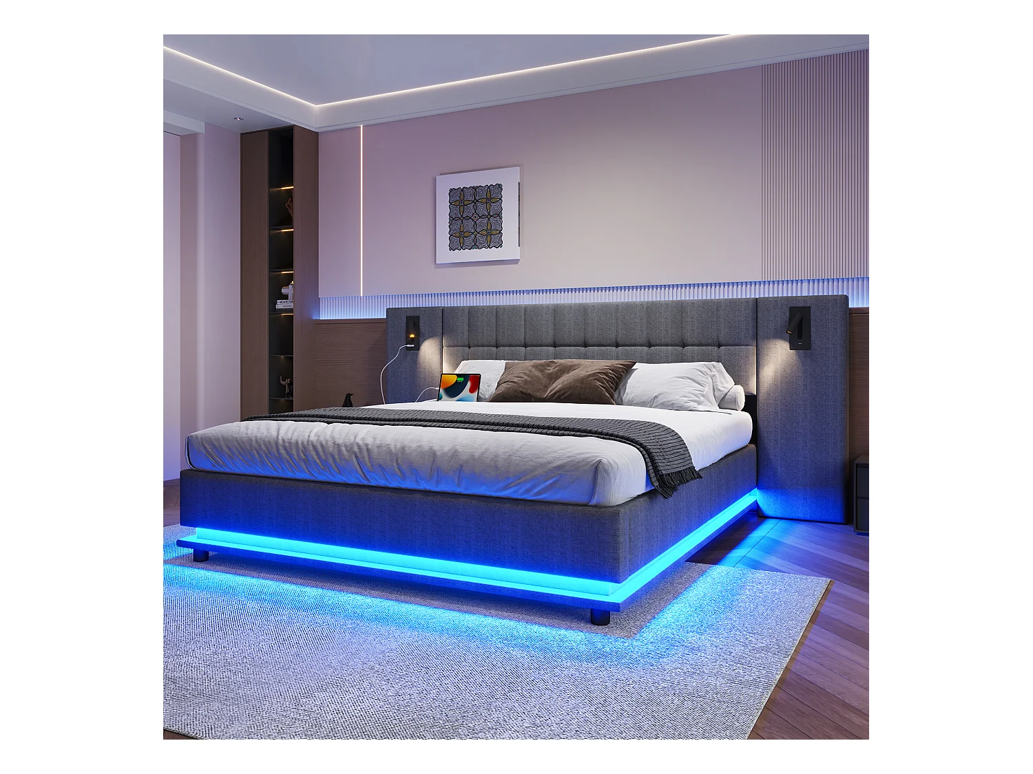 Doppelbett Polsterbett - 180 x 200 cm - mit LEDs + Kopfteil mit Strahler + USB - Leinen - grau
