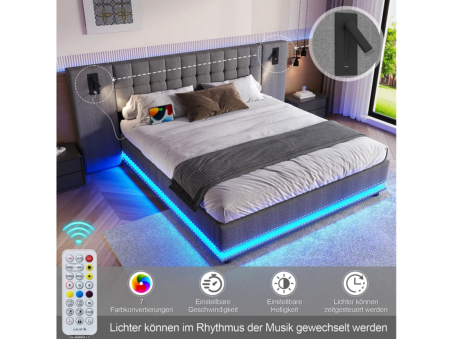 Letto matrimoniale imbottito - 180 x 200 cm - con LED + testiera con faretto + USB - lino - grigio