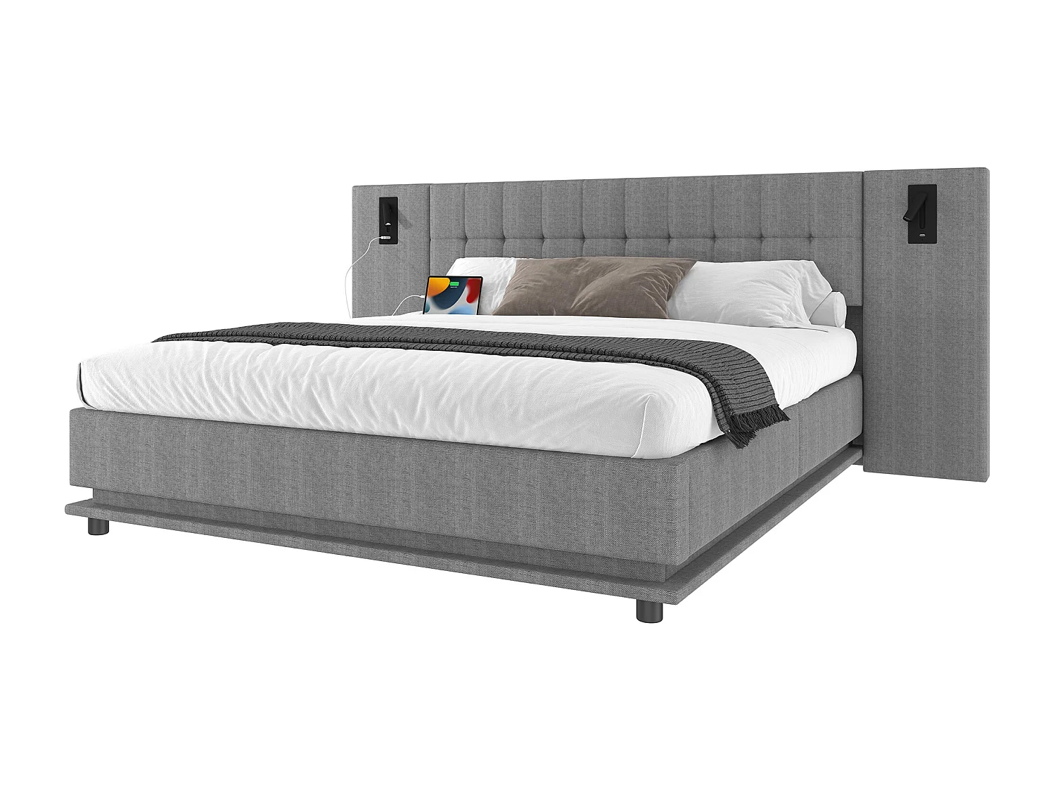 Letto matrimoniale imbottito - 180 x 200 cm - con LED + testiera con faretto + USB - lino - grigio