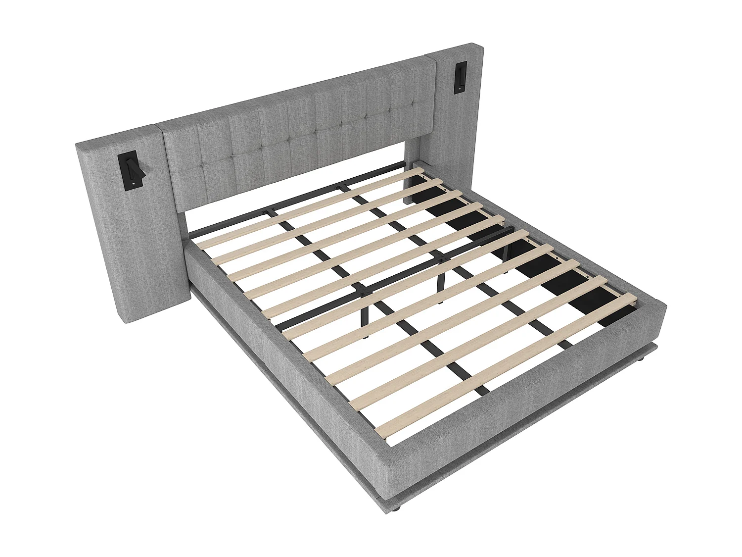 Letto matrimoniale imbottito - 180 x 200 cm - con LED + testiera con faretto + USB - lino - grigio