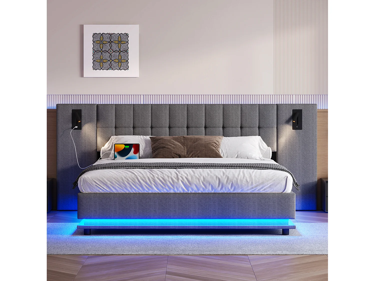 Lit rembourré double - 180 x 200 cm - avec Leds + tête de lit avec spot + USB - lin - gris