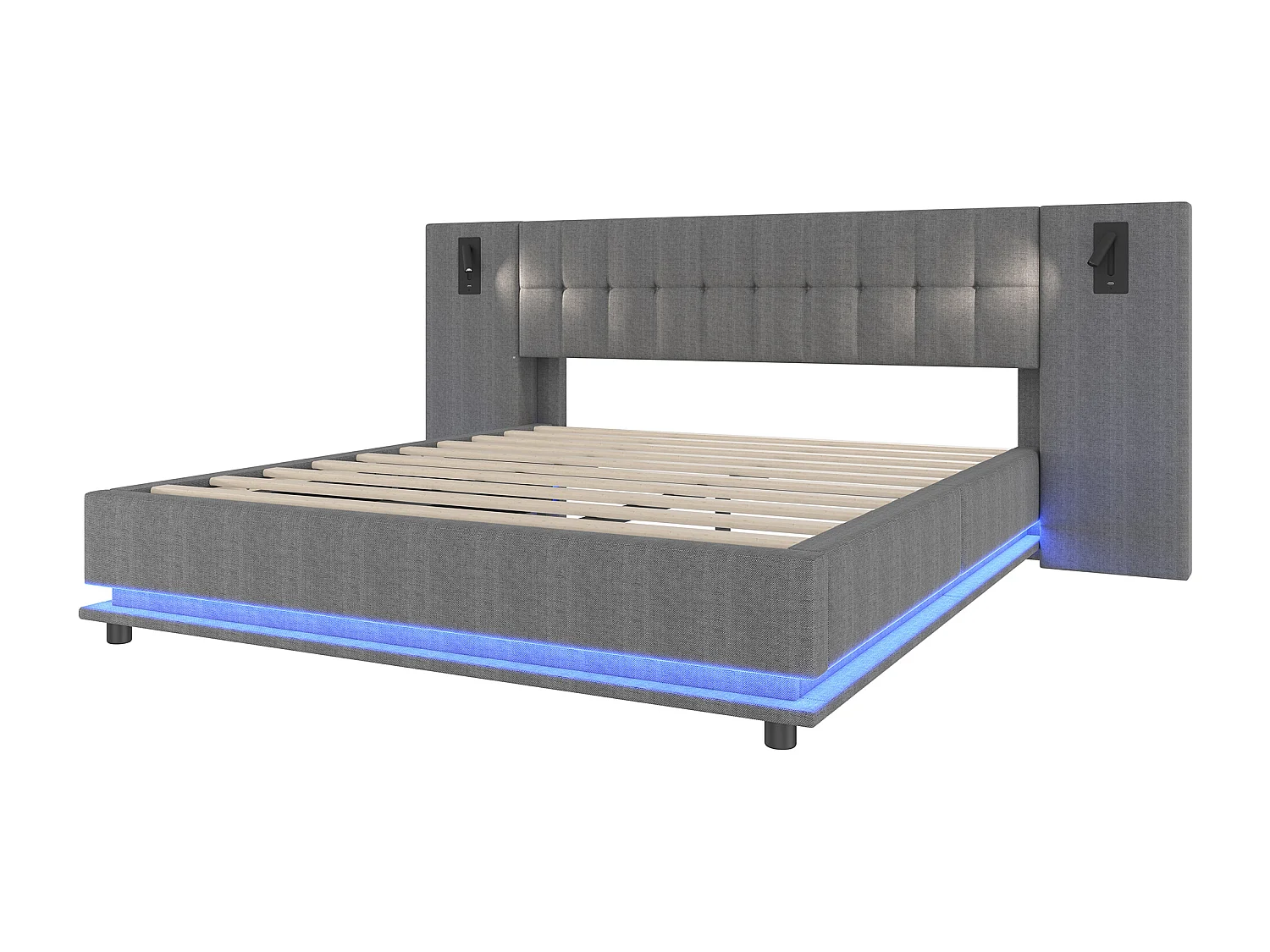 Lit rembourré double - 180 x 200 cm - avec Leds + tête de lit avec spot + USB - lin - gris