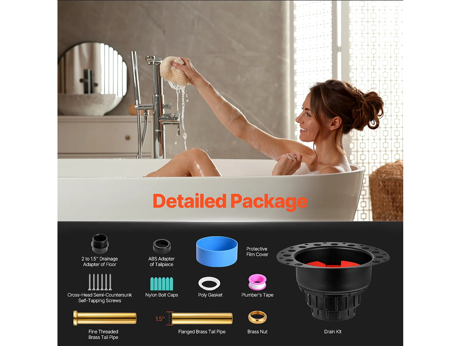 Kit de Vidange de Baignoire Autoportante SucceBuy, Avec Adaptateur et 2 Tuyaux d'Échappement en Laiton