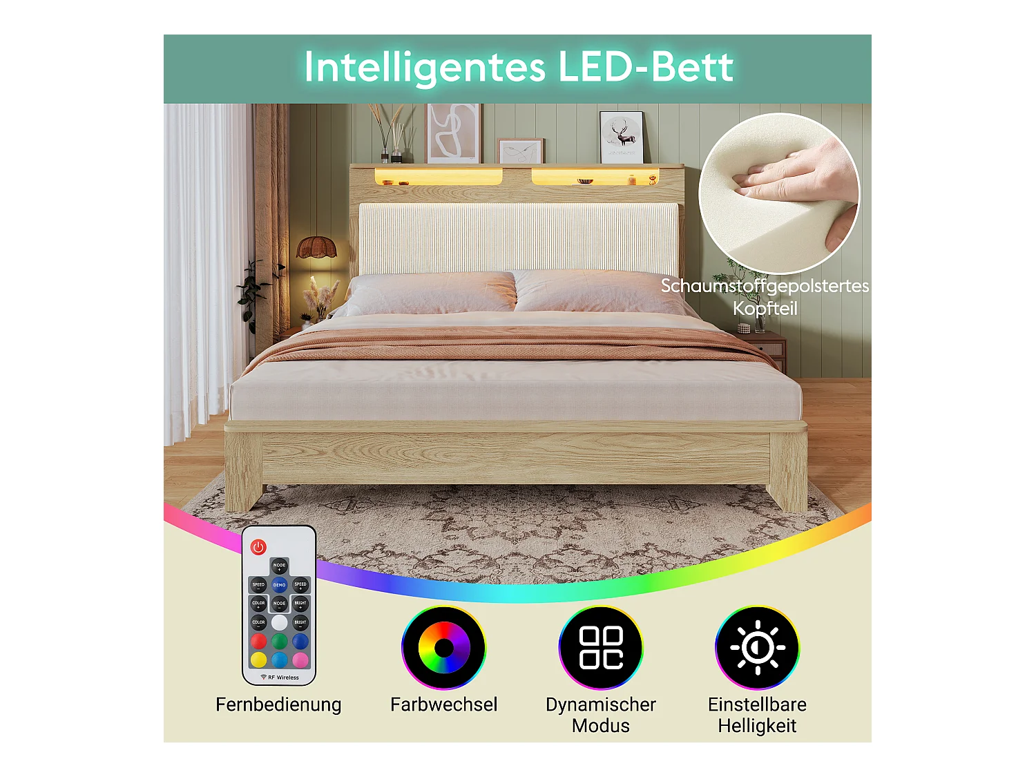 Lit double dossier rembourré - 140 x 200 cm - tête de lit rangement + Leds - MDF - beige( avec matelas)