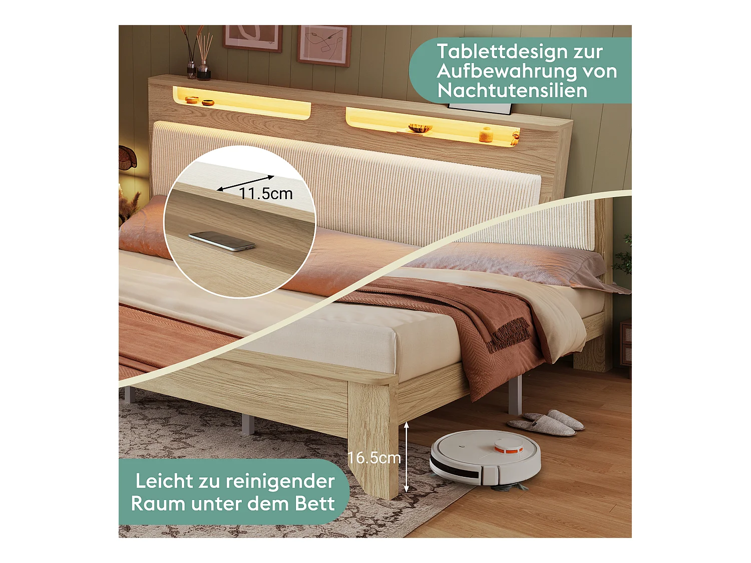 Lit double dossier rembourré - 140 x 200 cm - tête de lit rangement + Leds - MDF - beige( avec matelas)