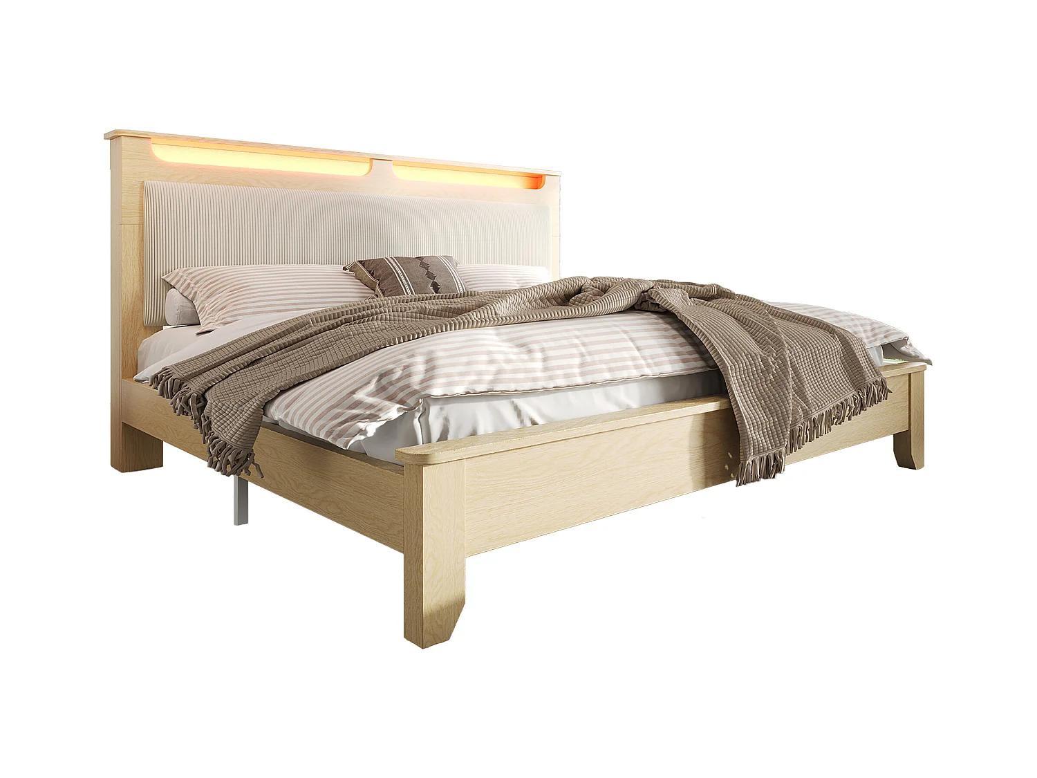 Lit double dossier rembourré - 140 x 200 cm - tête de lit rangement + Leds - MDF - beige( avec matelas)