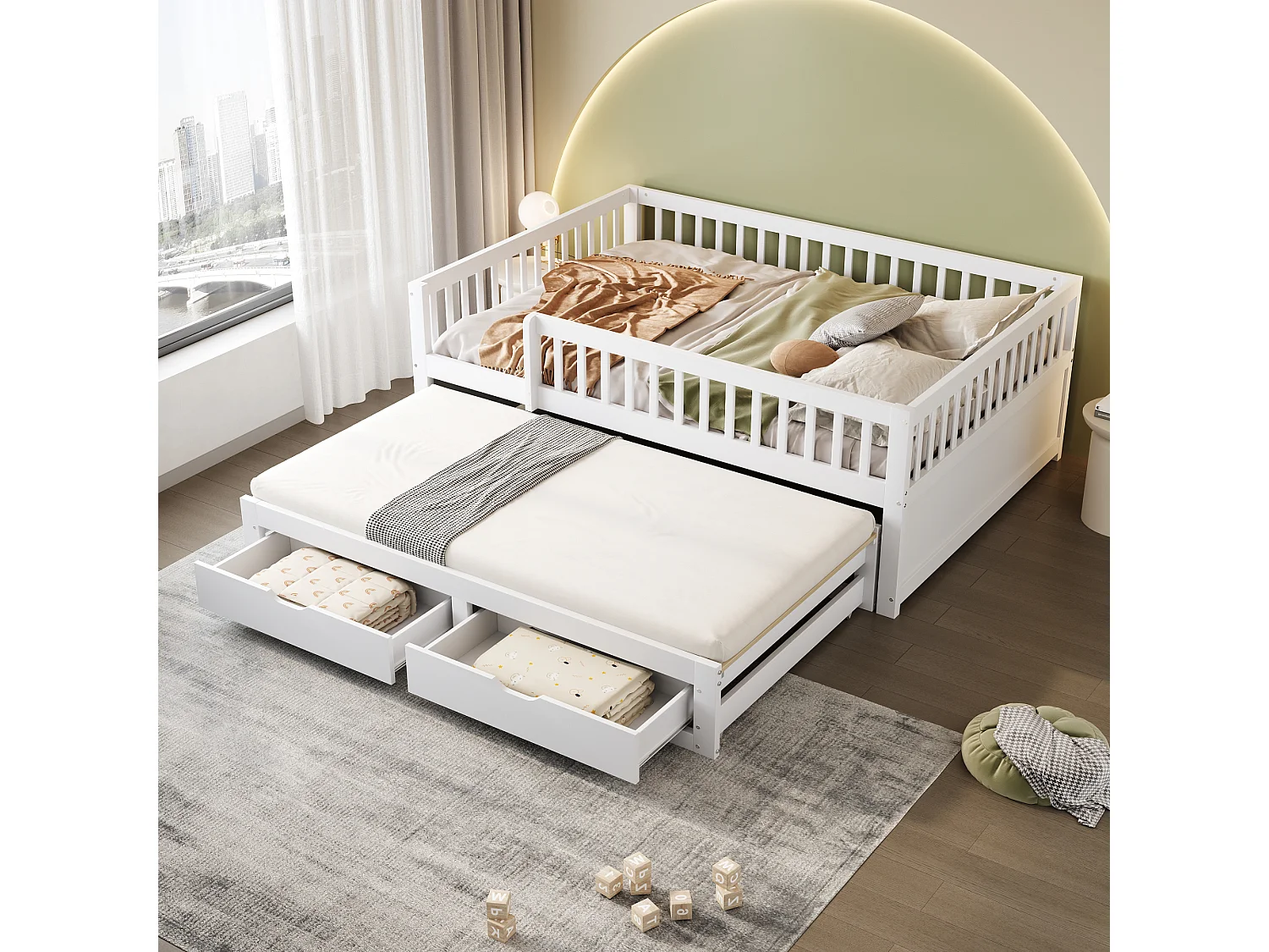 Divano letto per bambini - 140 x 200 cm + 90 x 190 cm - barriera di sicurezza - letto estraibile con 2 cassetti - legno - bianco