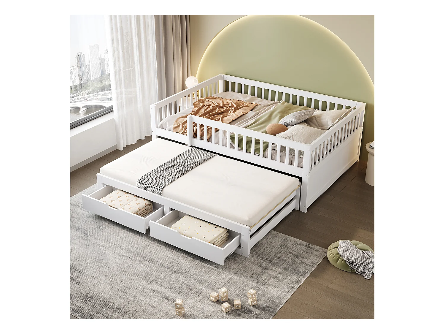 Canapé-lit enfant - 140 x 200 cm + 90 x 190 cm - barrière de sécurité - lit gigogne avec 2 tiroirs - bois - blanc
