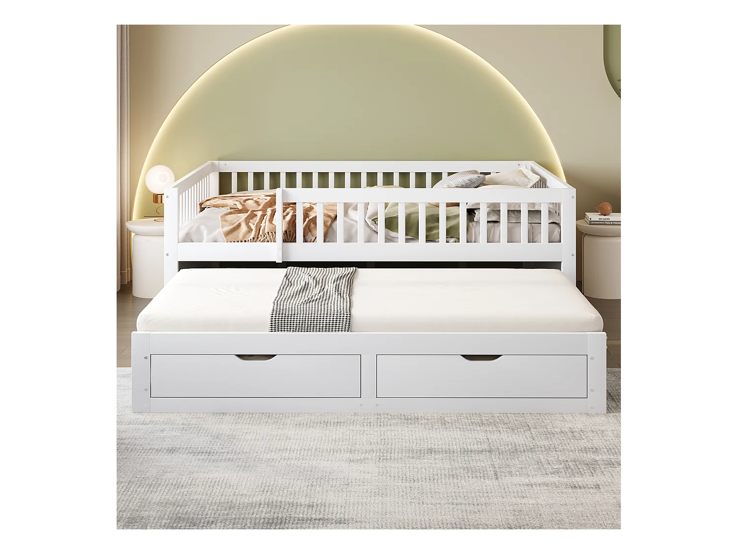 Canapé-lit enfant - 140 x 200 cm + 90 x 190 cm - barrière de sécurité - lit gigogne avec 2 tiroirs - bois - blanc