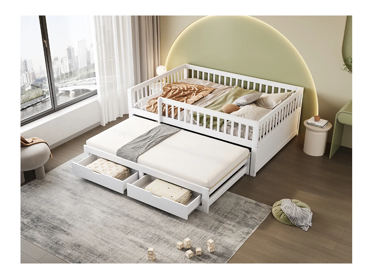 Canapé-lit enfant - 140 x 200 cm + 90 x 190 cm - barrière de sécurité - lit gigogne avec 2 tiroirs - bois - blanc