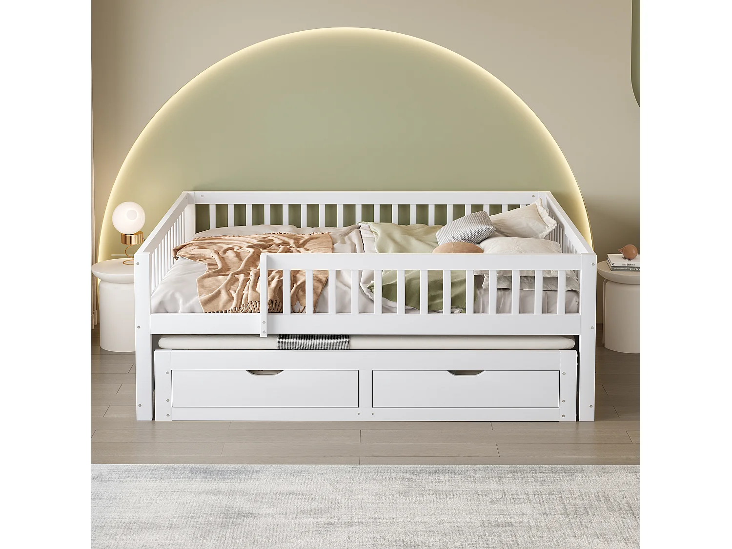 Kinderschlafsofa - 140 x 200 cm + 90 x 190 cm - Rausfallschutz - Ausziehbett mit 2 Schubladen - Holz - Weiß