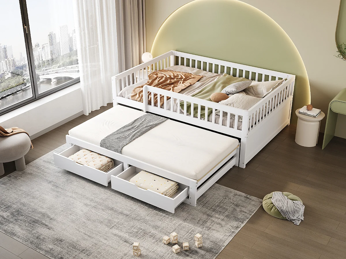 Kinderschlafsofa - 140 x 200 cm + 90 x 190 cm - Rausfallschutz - Ausziehbett mit 2 Schubladen - Holz - Weiß