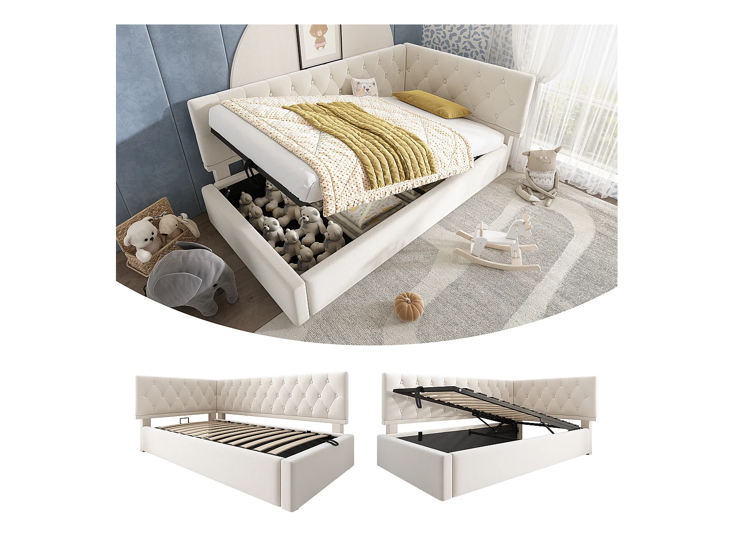 Kinderbedbank gestoffeerd - 90 x 190 cm - met hydraulische opbergruimte - fluweel - beige
