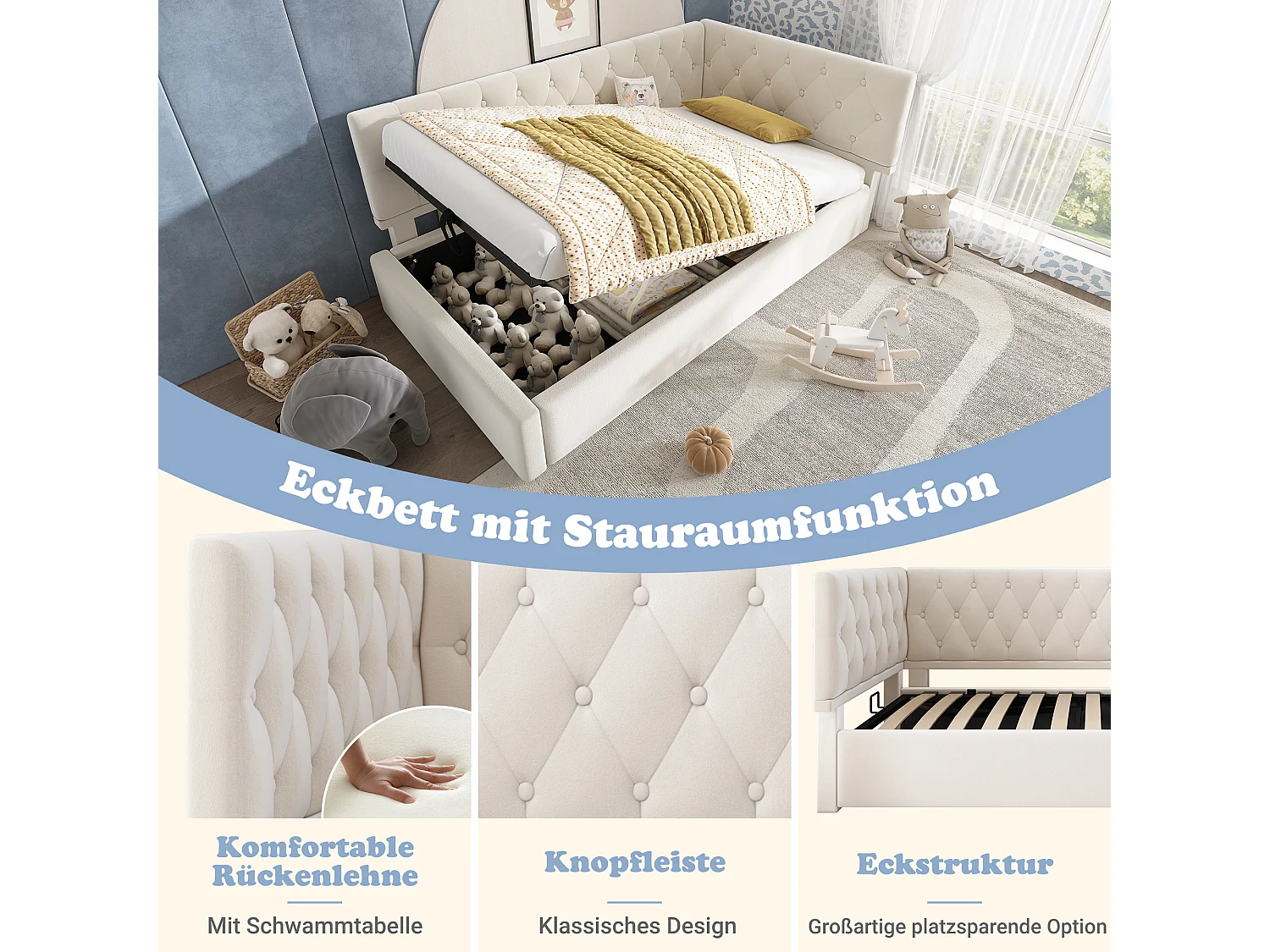 Kinder-Polsterschlafsofa - 90 x 190 cm - mit hydraulischem Stauraum - Samt - Beige