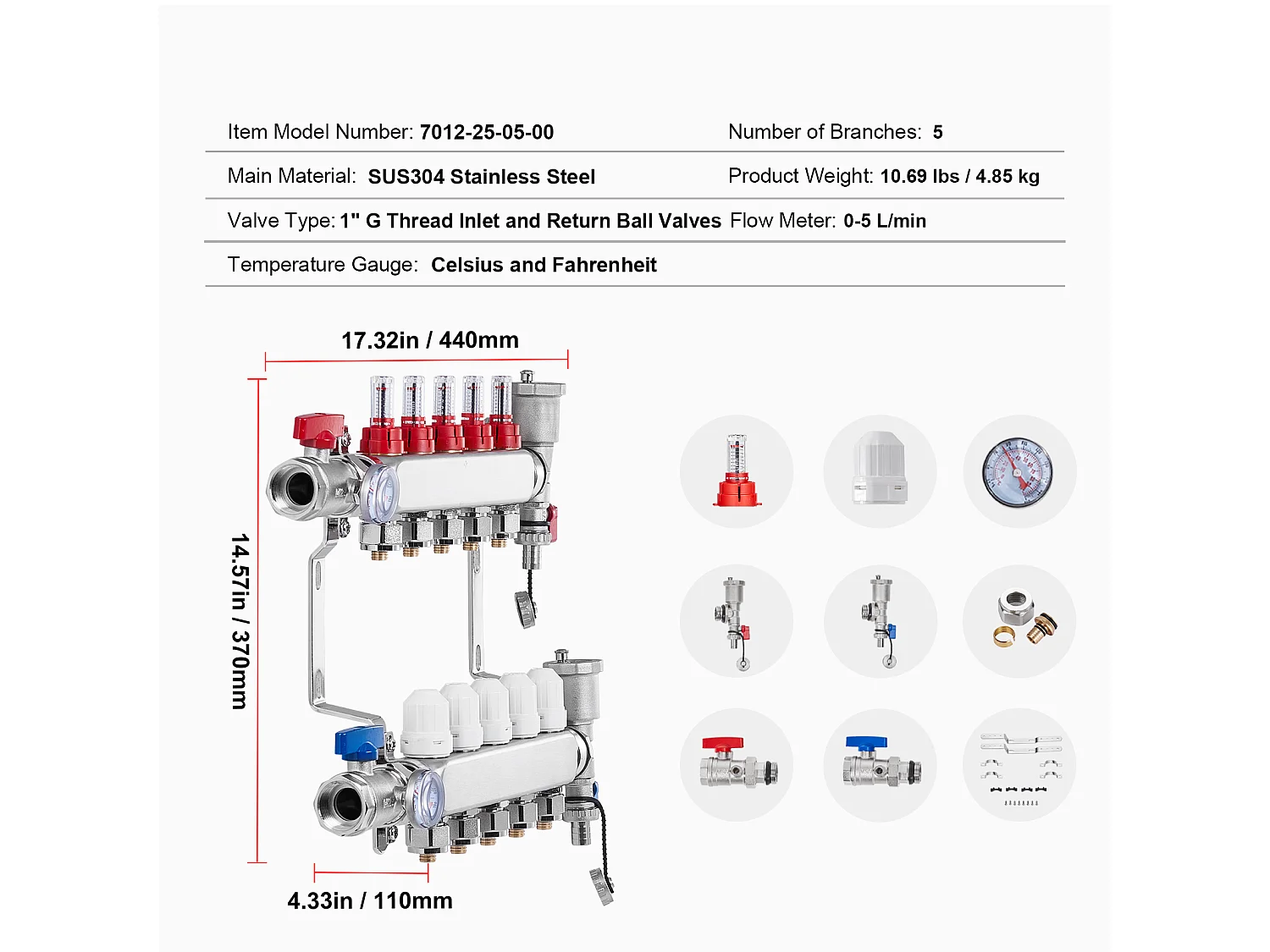 Collecteur de Chauffage Radiant SucceBuy à 5 Branches Ensemble de Collecteur de Chauffage par le Sol avec Tubes PEX de 2.54/5.08cm