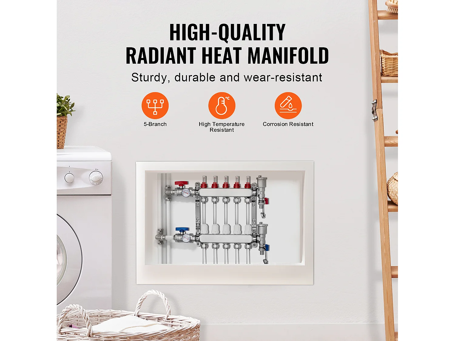 Collecteur de Chauffage Radiant SucceBuy à 5 Branches Ensemble de Collecteur de Chauffage par le Sol avec Tubes PEX de 2.54/5.08cm