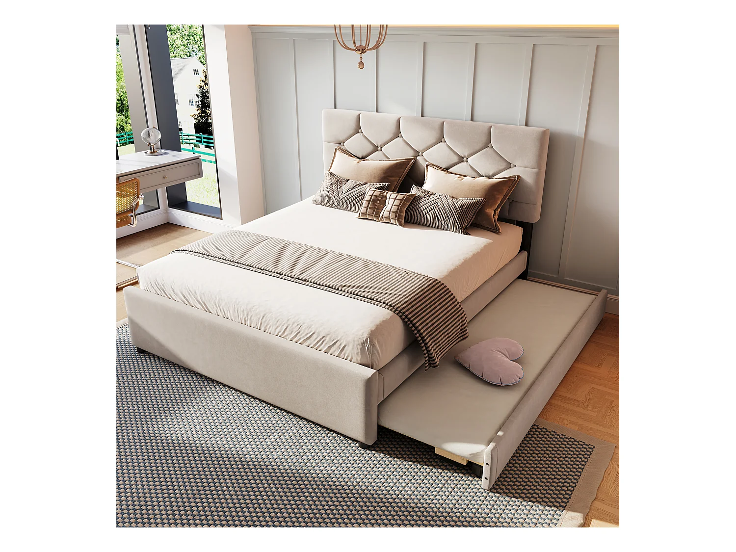 Lit gigogne enfant - 140 x 200 cm + 90 x 190 cm avec tête de lit - velours - beige (sans matelas)