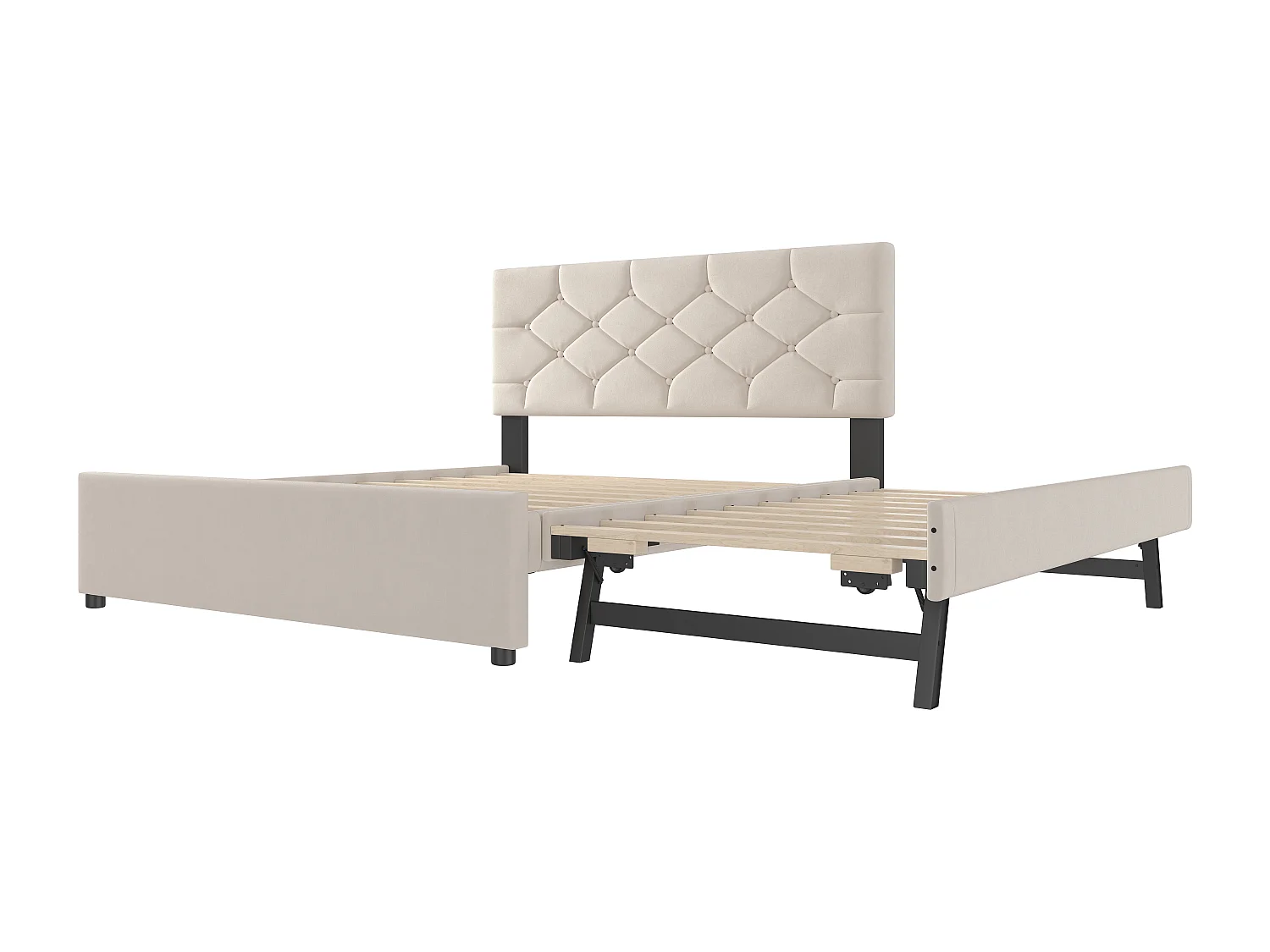 Lit gigogne enfant - 140 x 200 cm + 90 x 190 cm avec tête de lit - velours - beige (sans matelas)