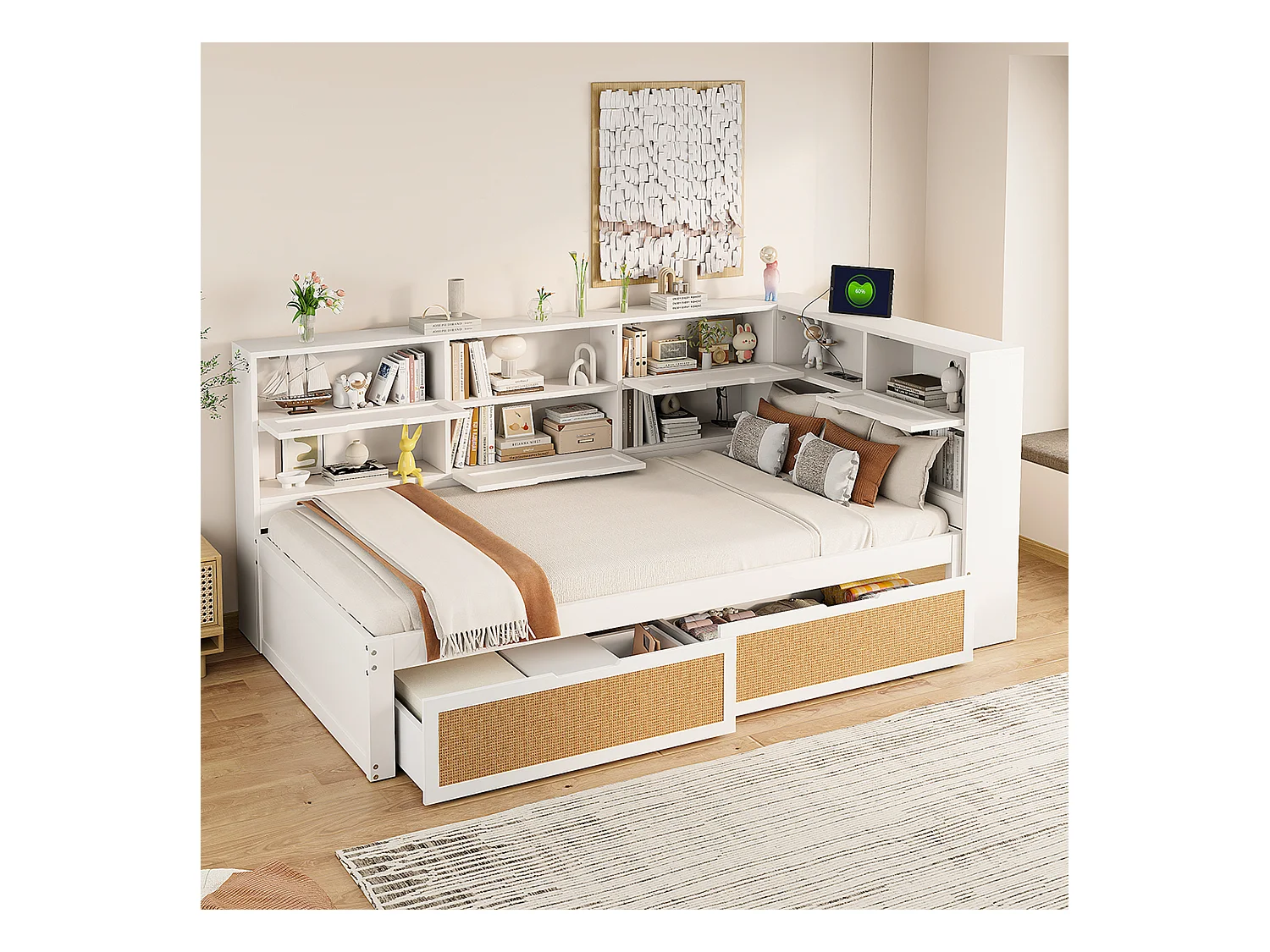 Canapé-lit avec étagère de rangement - 90 x 200 cm - avec 2 tiroirs - pin + contreplaqué + MDF - Blanc