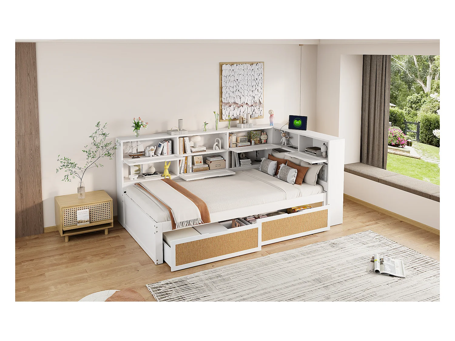 Canapé-lit avec étagère de rangement - 90 x 200 cm - avec 2 tiroirs - pin + contreplaqué + MDF - Blanc