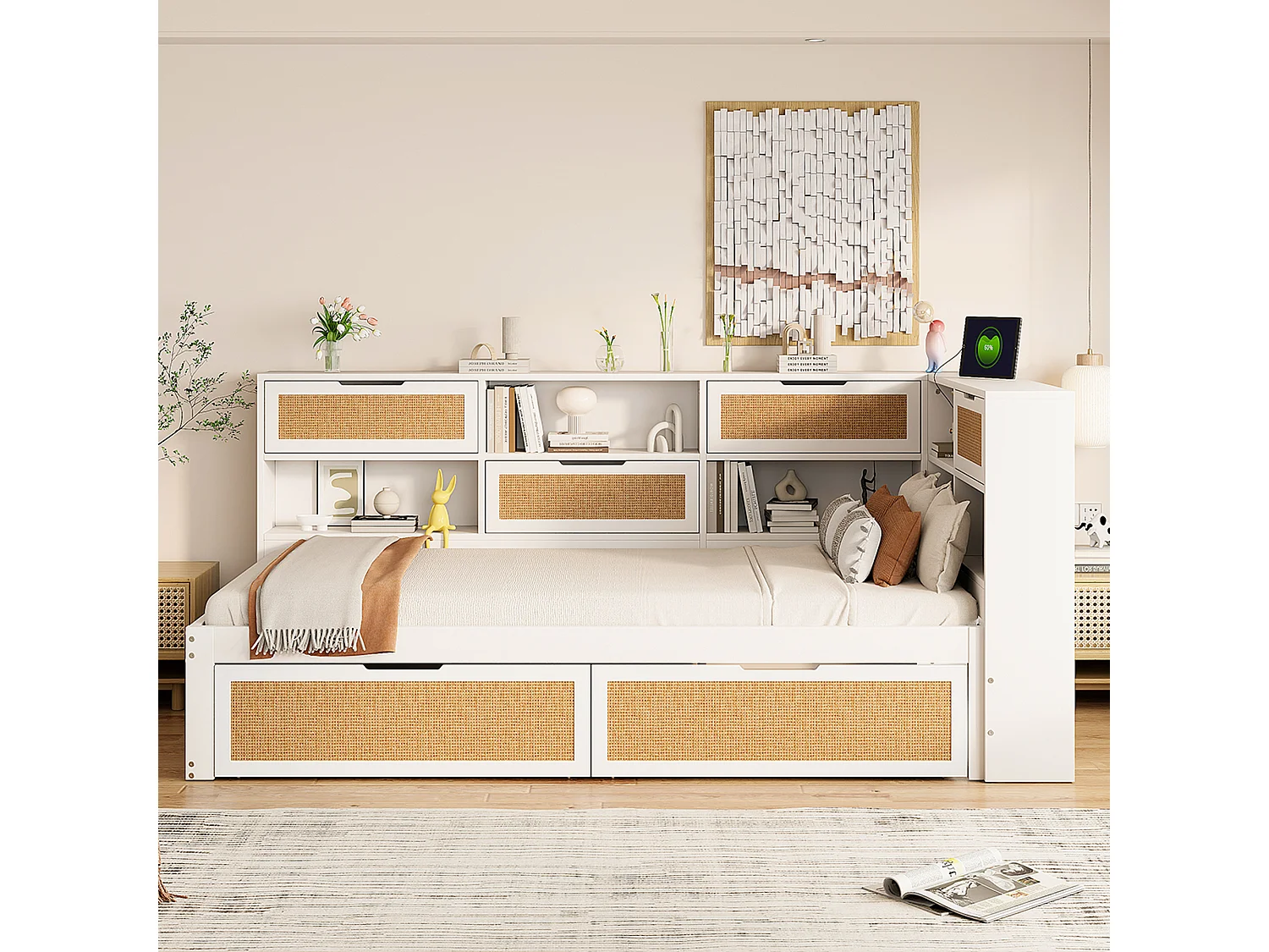 Canapé-lit avec étagère de rangement - 90 x 200 cm - avec 2 tiroirs - pin + contreplaqué + MDF - Blanc