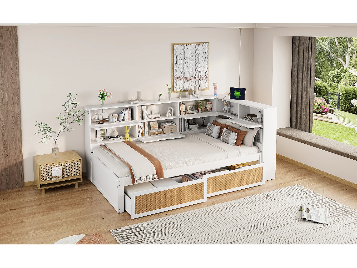 Canapé-lit avec étagère de rangement - 90 x 200 cm - avec 2 tiroirs - pin + contreplaqué + MDF - Blanc