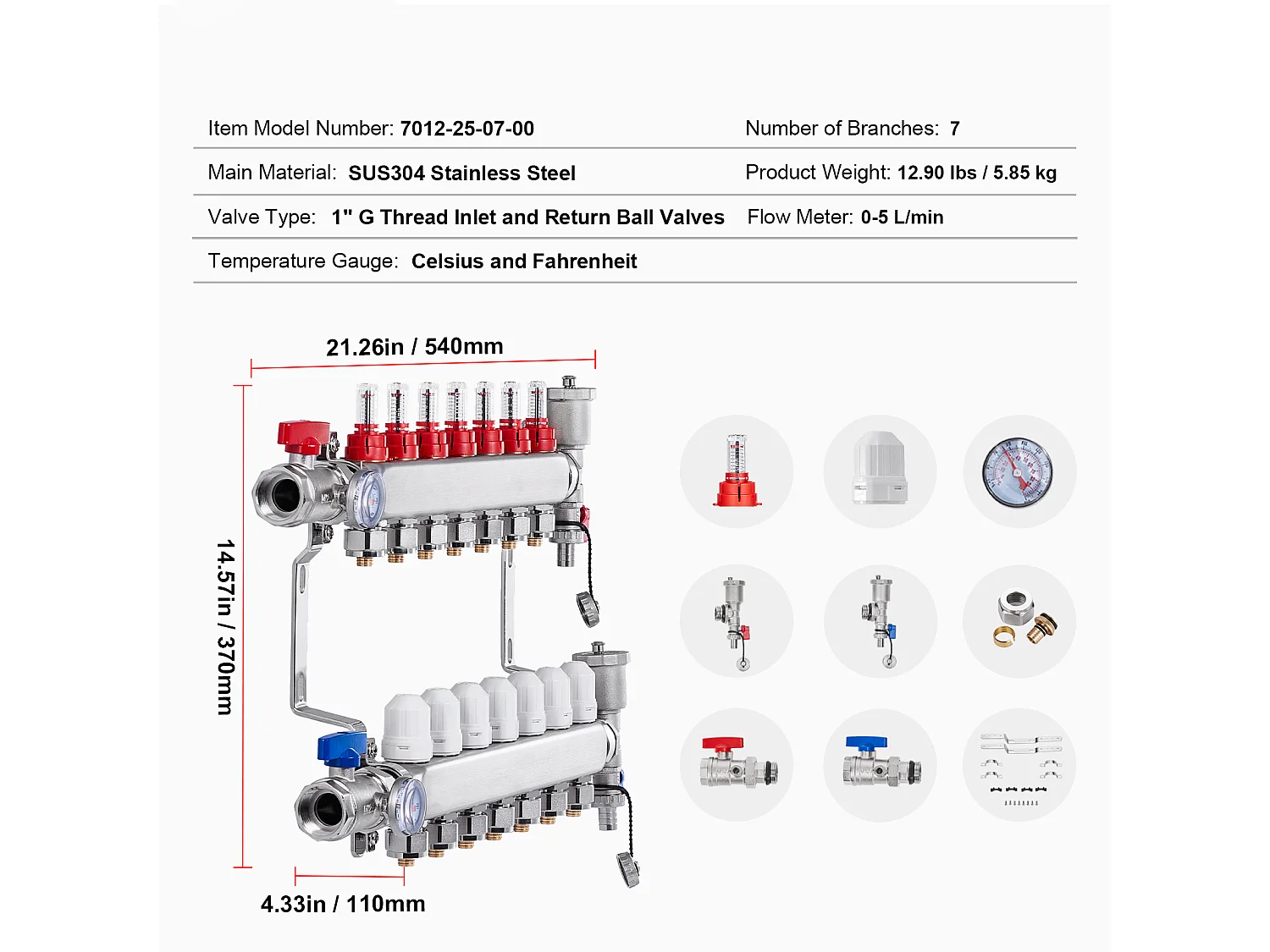 Ensemble de Chauffage SucceBuy par le Sol avec Collecteur de Chaleur Radiante à 7 Branches et Tubes PEX de 2.54/5.08cm