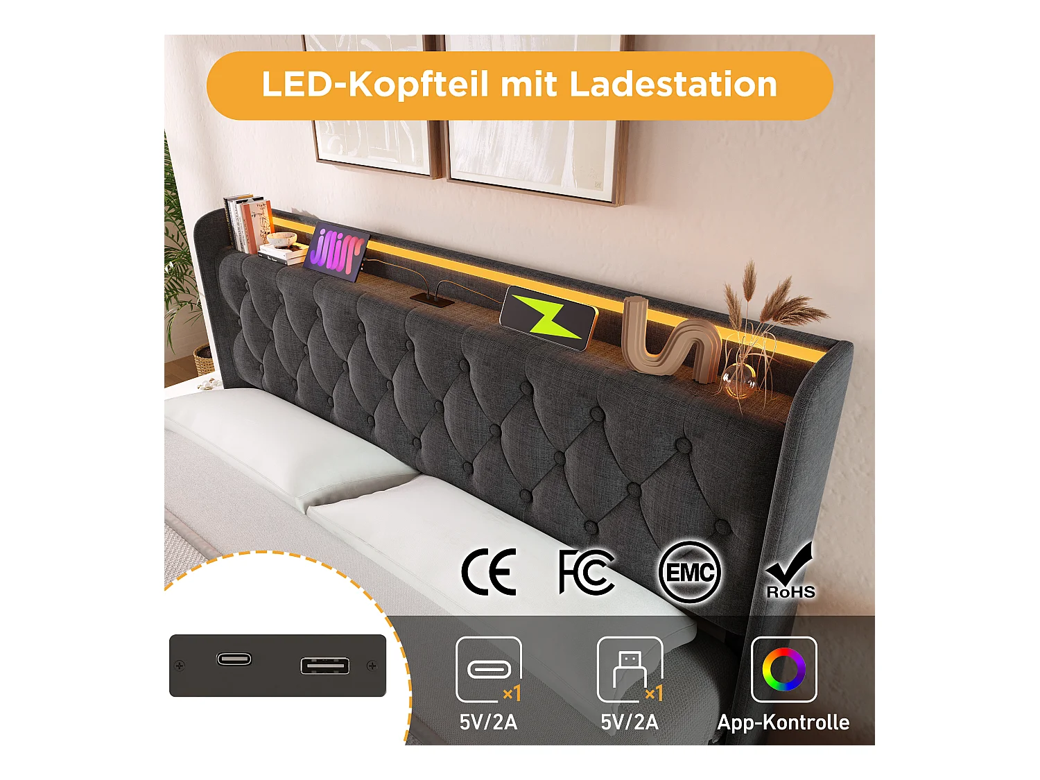 Lit coffre rembourré enfant - 140 x 200 cm - avec Leds 360° - tête de lit avec USB - avec matelas - lin - gris