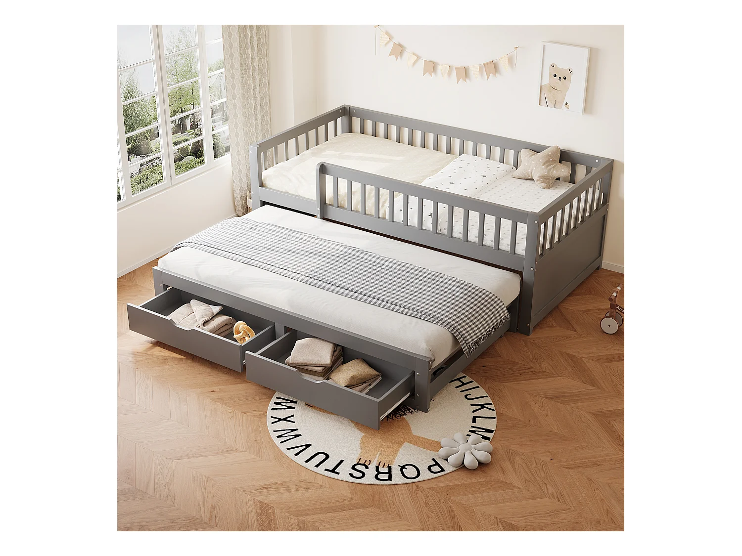 Divano letto per bambini - 90 x 200 cm + 90 x 190 cm - barriera di sicurezza - letto estraibile con 2 cassetti - legno - grigio