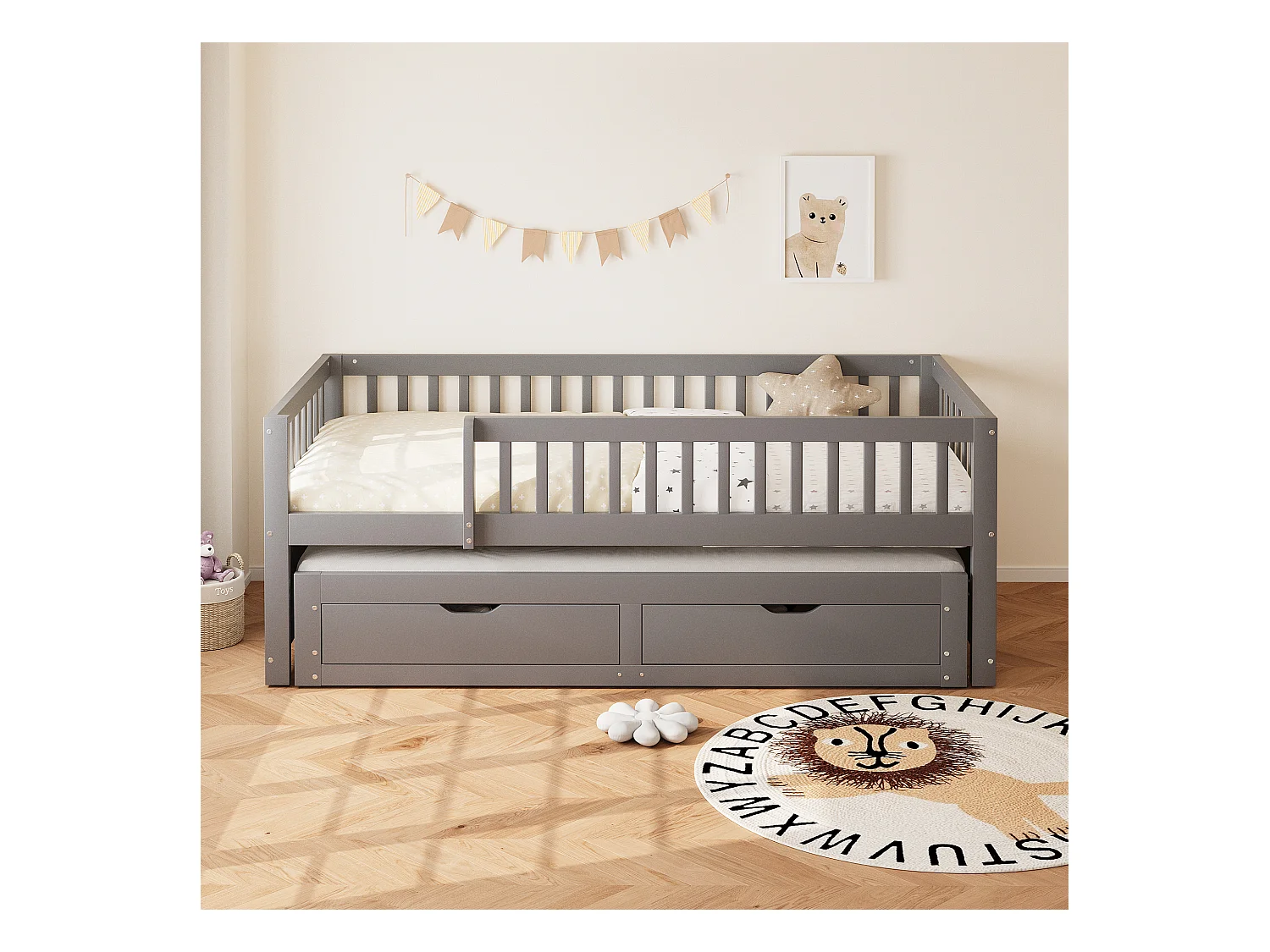 Divano letto per bambini - 90 x 200 cm + 90 x 190 cm - barriera di sicurezza - letto estraibile con 2 cassetti - legno - grigio