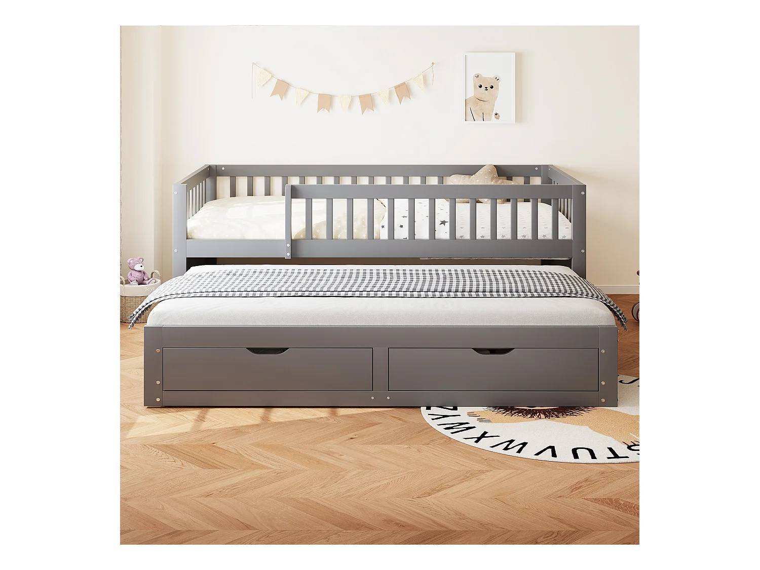Divano letto per bambini - 90 x 200 cm + 90 x 190 cm - barriera di sicurezza - letto estraibile con 2 cassetti - legno - grigio