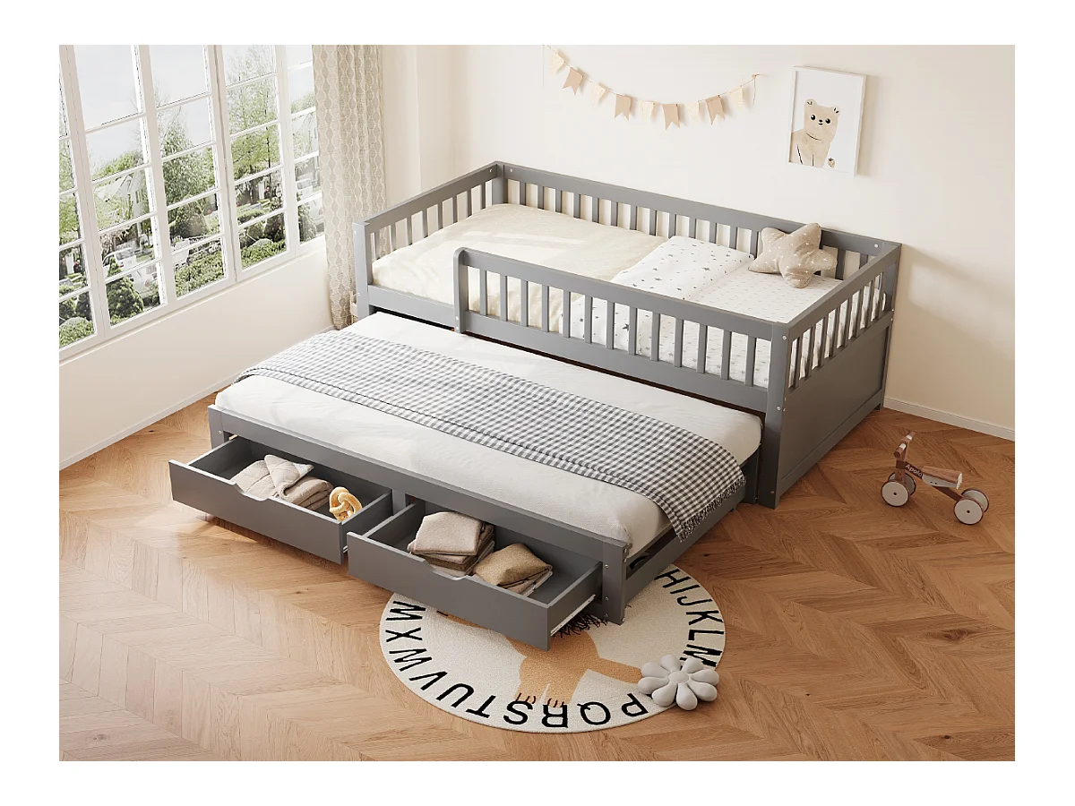 Divano letto per bambini - 90 x 200 cm + 90 x 190 cm - barriera di sicurezza - letto estraibile con 2 cassetti - legno - grigio