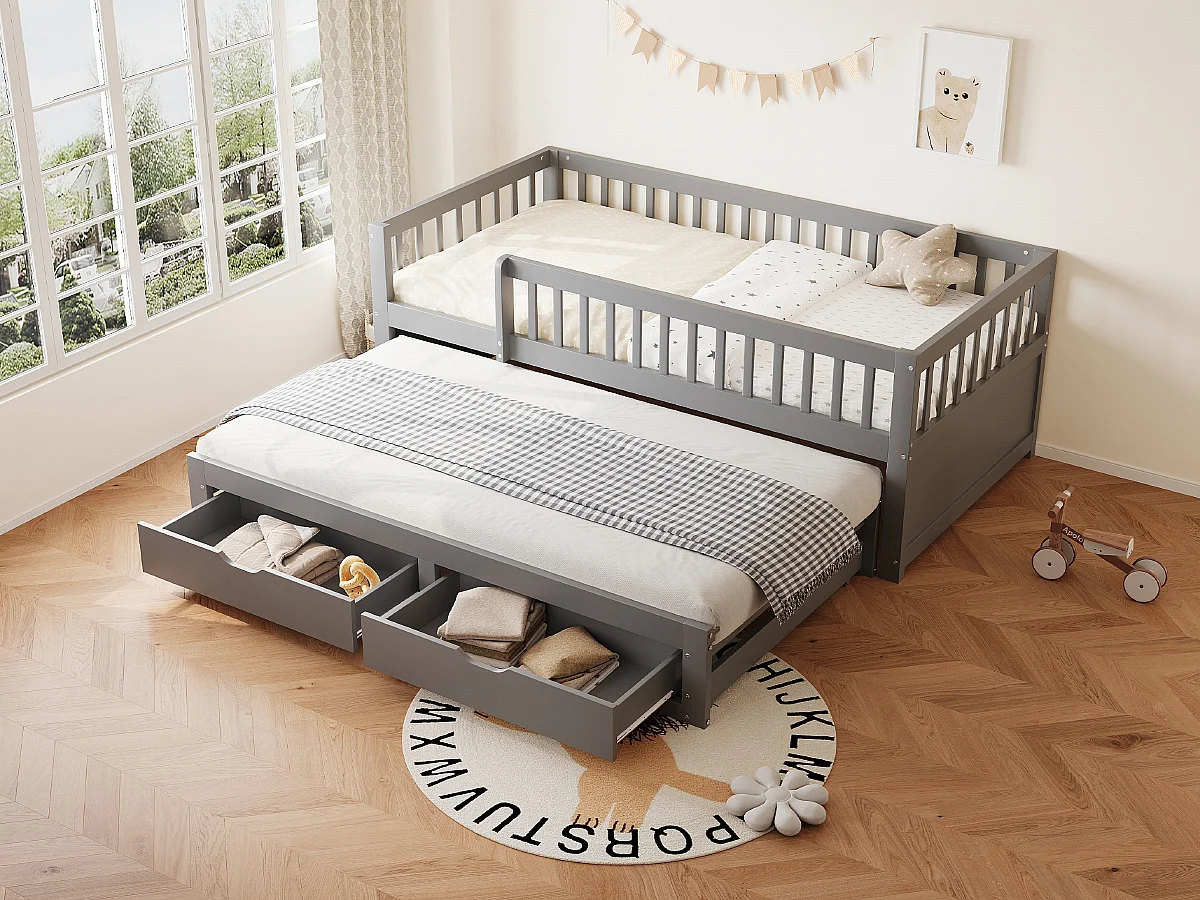 Kinderschlafsofa - 90x200cm + 90x190cm - Rausfallschutz - Ausziehbett mit 2 Schubladen - Holz - Grau