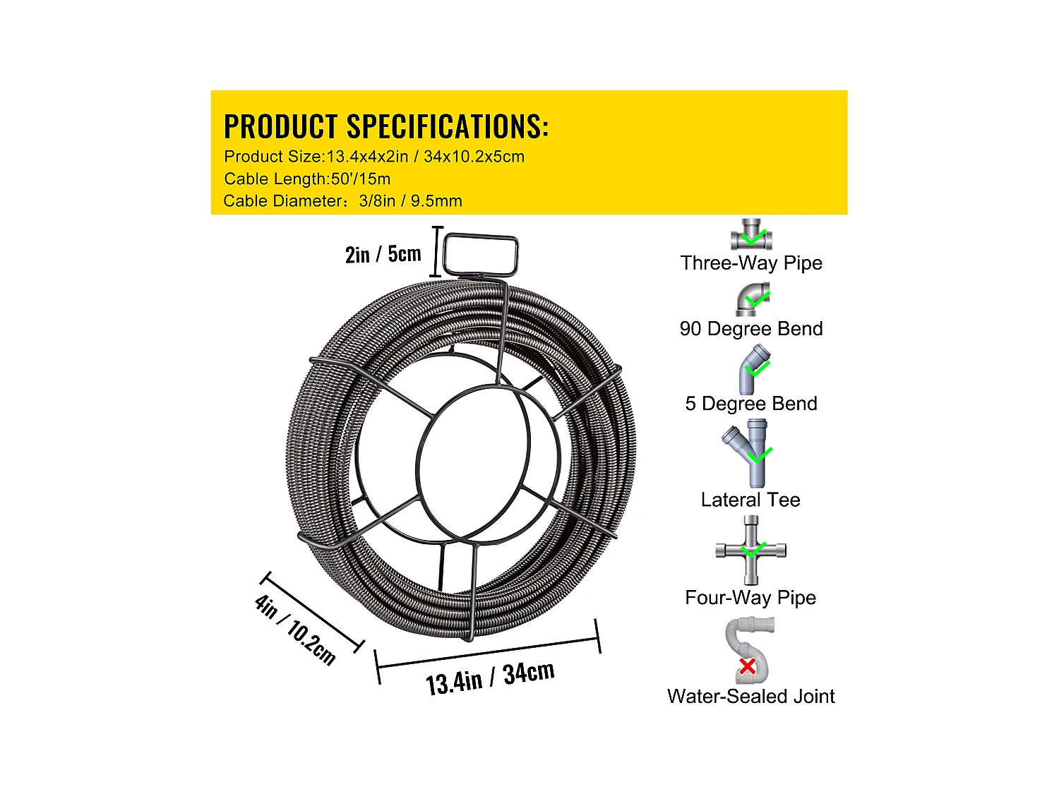 Drainagekabel SucceBuy 1524cm x 7.62/20.32cm, Kanalbohrerschlange zur Rohrreinigung