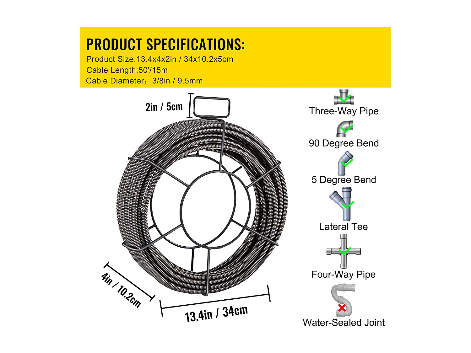 Câble de Drainage SucceBuy 1524cm x 7.62/20.32cm, Serpent à Tarière d'Égout pour le Nettoyage des Tuyaux