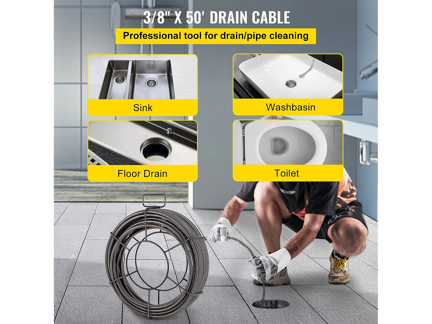 Câble de Drainage SucceBuy 1524cm x 7.62/20.32cm, Serpent à Tarière d'Égout pour le Nettoyage des Tuyaux