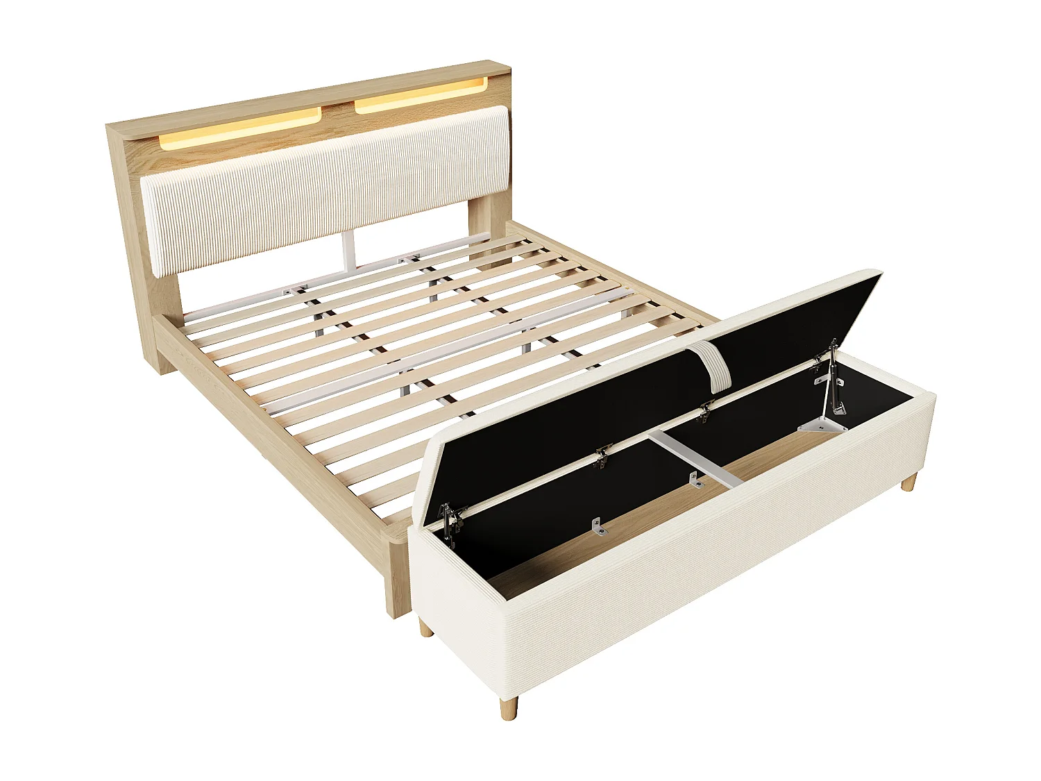Doppelbett mit Stauraum - 180 x 200 cm - Stauraum-Kopfteil + LEDs - MDF - Beige