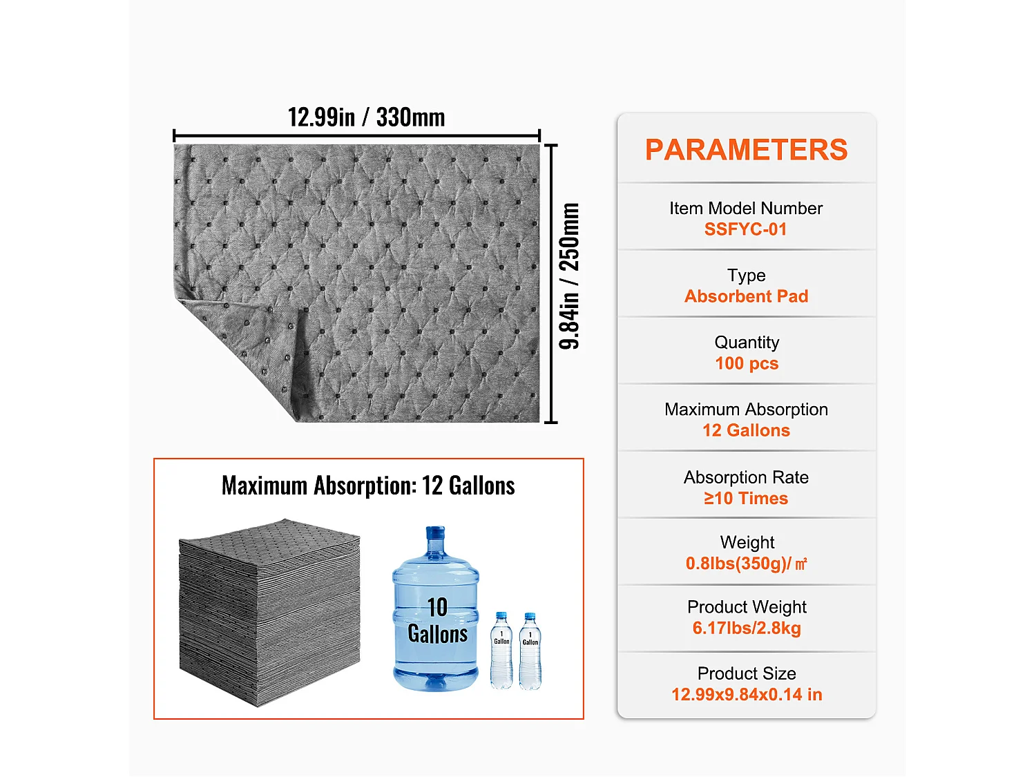 Tampons Absorbants Anti-Déversement SucceBuy, 250x330 mm, 11,4 L, Universels, 100 Pièces