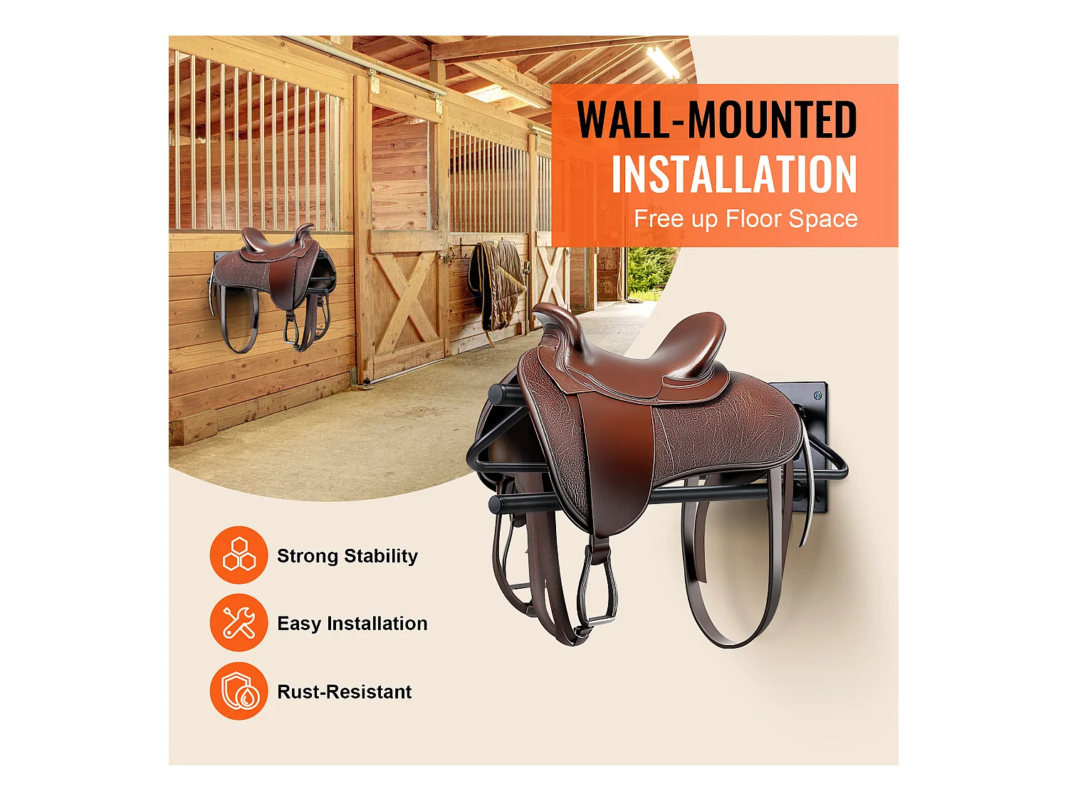 Support Mural de Selle SucceBuy, Lot de 2, avec Barre de Protection, Noir, en Acier au Ccarbone, pour Garages, Écuries ou Vestiaires