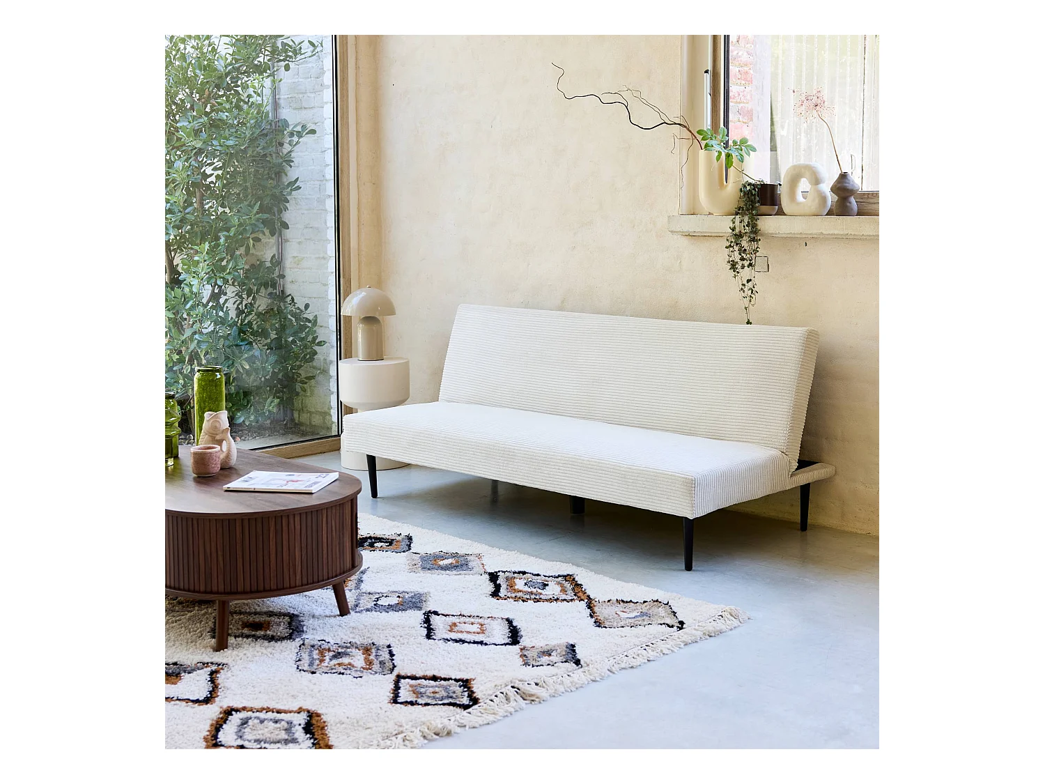 Divano panchina letto 3 posti velluto a coste piedistallo metallo,