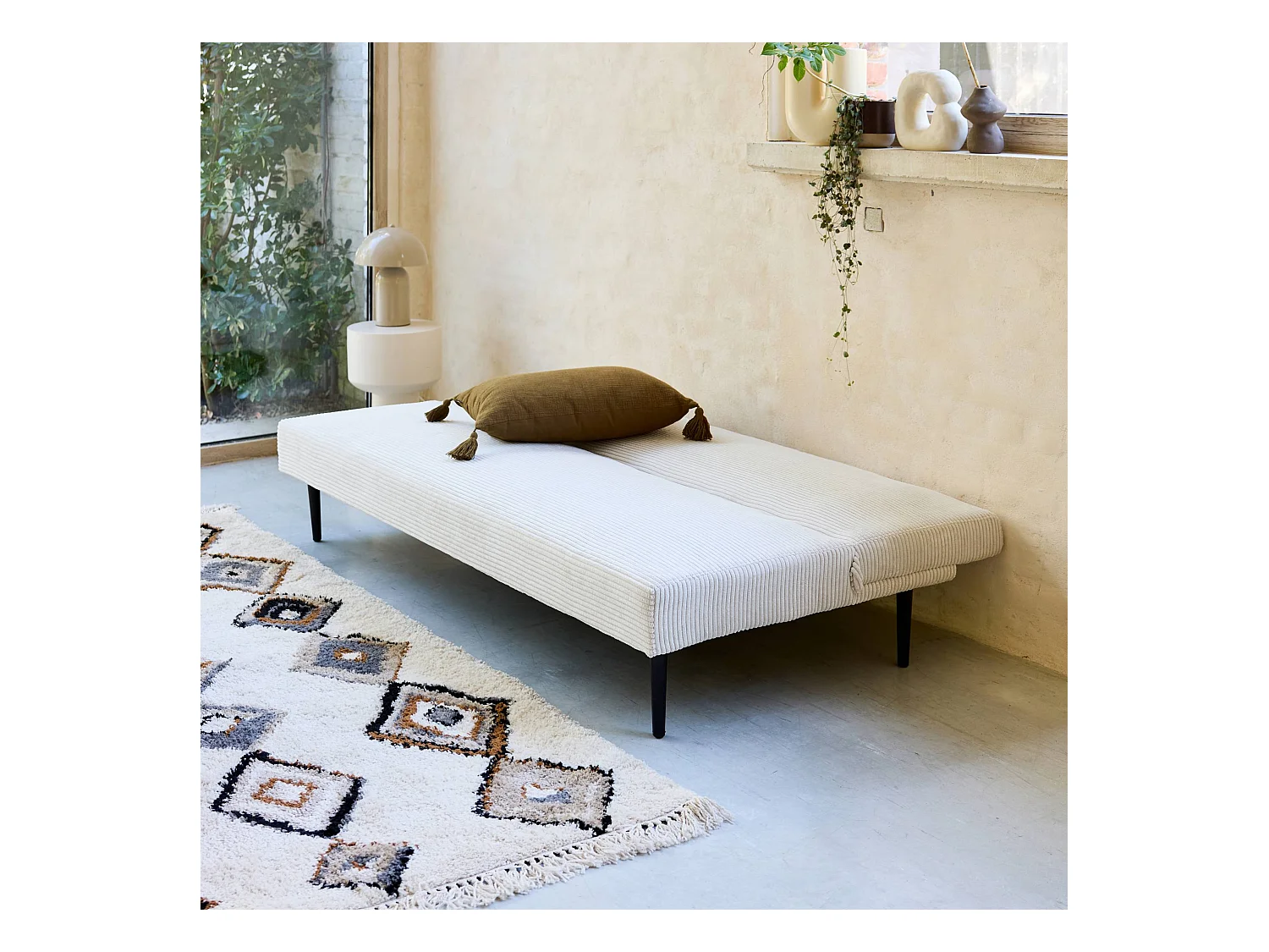 Divano panchina letto 3 posti velluto a coste piedistallo metallo,