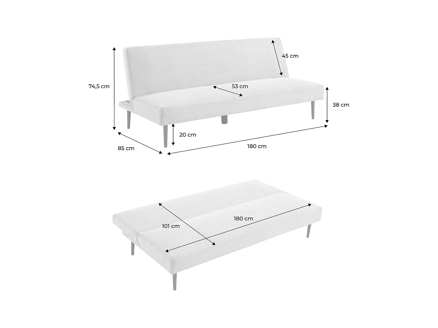 Divano panchina letto 3 posti velluto a coste piedistallo metallo,