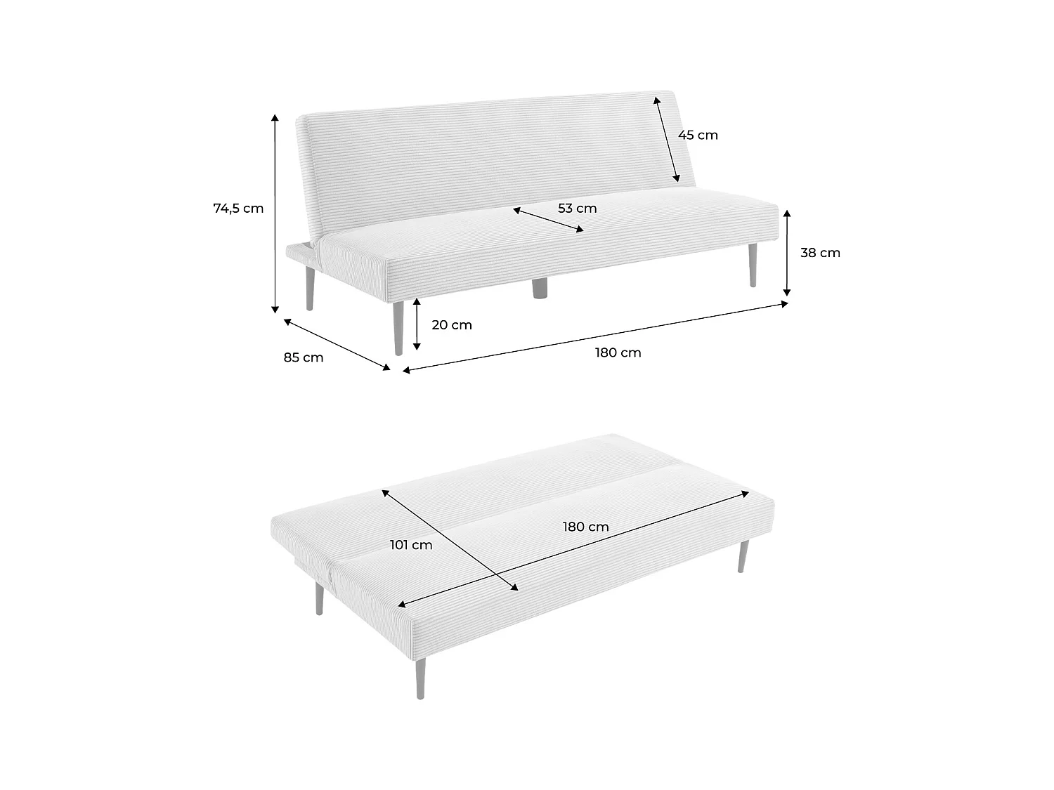 Divano panchina letto 3 posti velluto a coste piedistallo metallo,