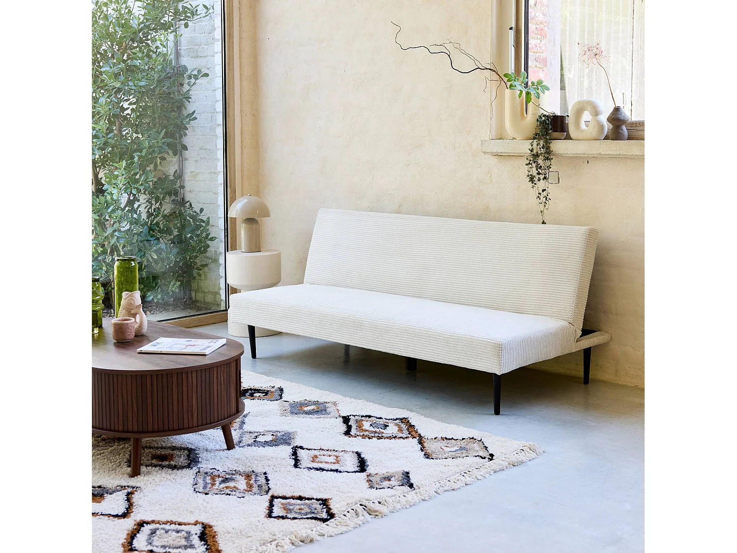 Canapé banquette convertible 3 places velours côtelé crème piétement métal L 180 x P 100 x H 74.5 cm - Max