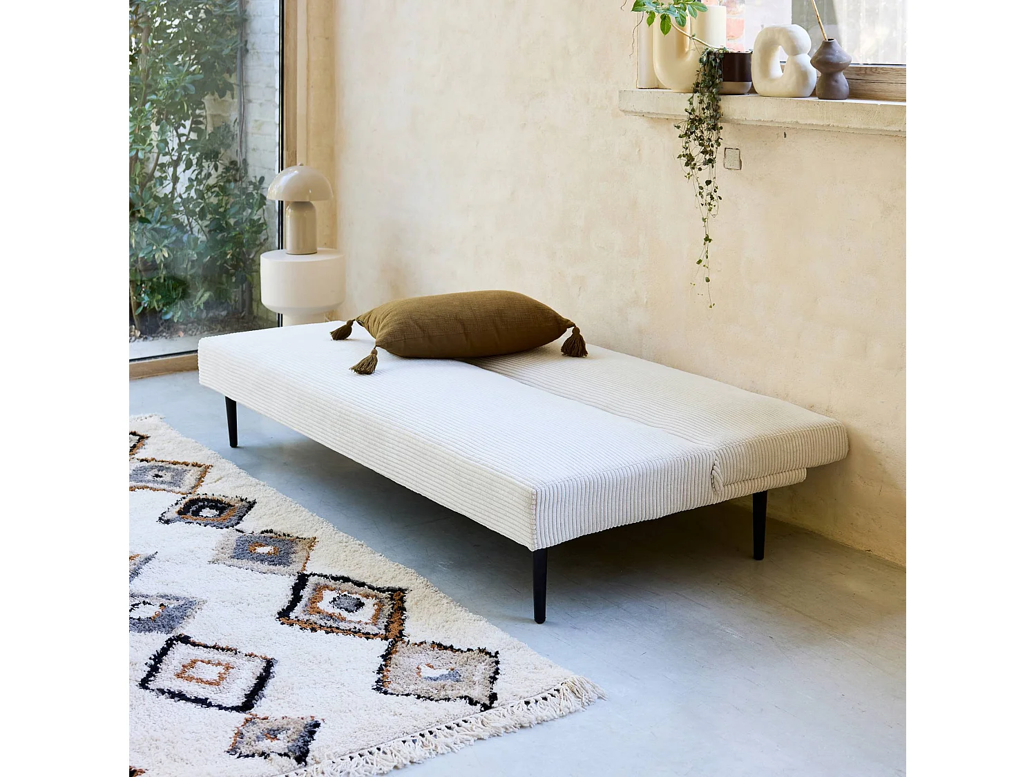 Canapé banquette convertible 3 places velours côtelé crème piétement métal L 180 x P 100 x H 74.5 cm - Max