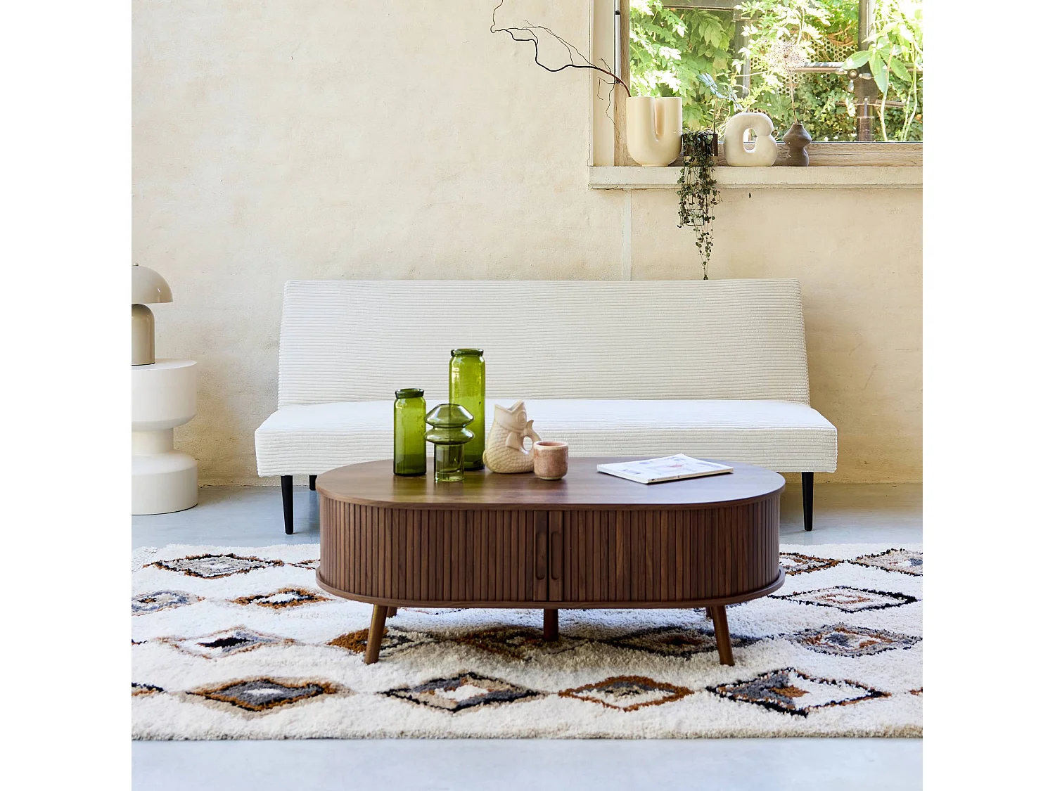 Canapé banquette convertible 3 places velours côtelé crème piétement métal L 180 x P 100 x H 74.5 cm - Max