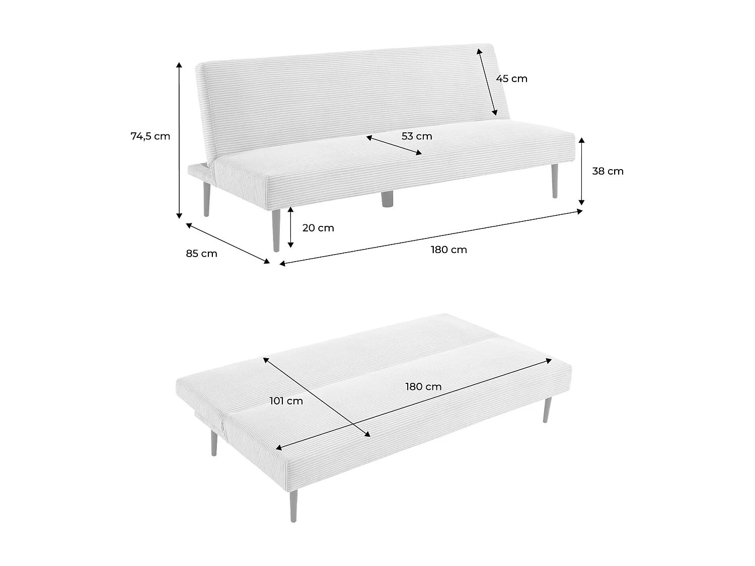 Canapé banquette convertible 3 places velours côtelé crème piétement métal L 180 x P 100 x H 74.5 cm - Max