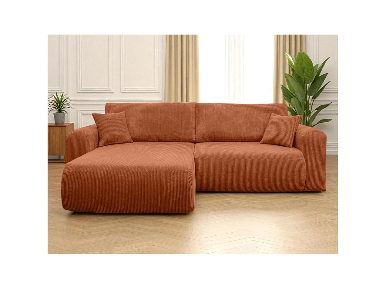 Canapé ALYA d'angle compacte réversible et convertible 4 places en velours côtelé - Terracotta