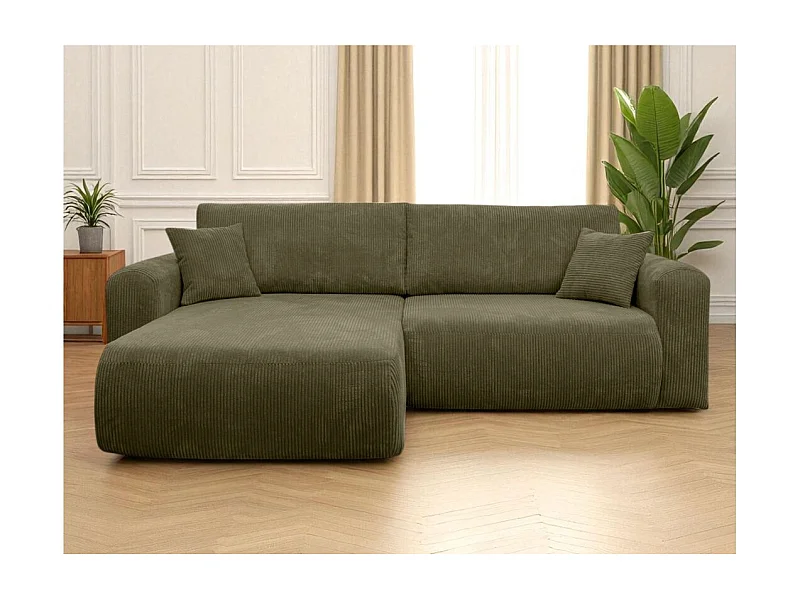 Canapé ALYA d'angle compacte réversible et convertible 4 places en velours côtelé - Vert kaki